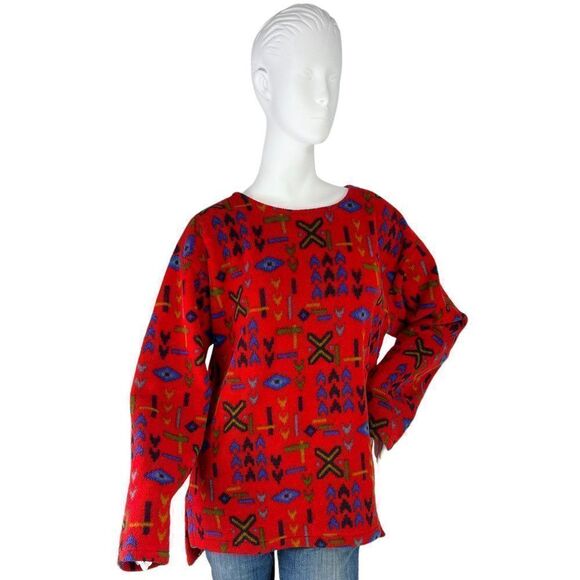 90s Vtg Purple Mountain Polartec Red Fleece Southwestern Design Crewneck Top M - Picture 10 of 10
